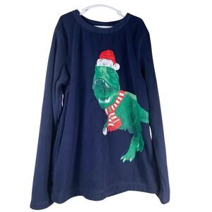 Lands End Christmas Dinosaur Pajama Top Boys Size 12 Sleep Wear Fleece Navy Blue
